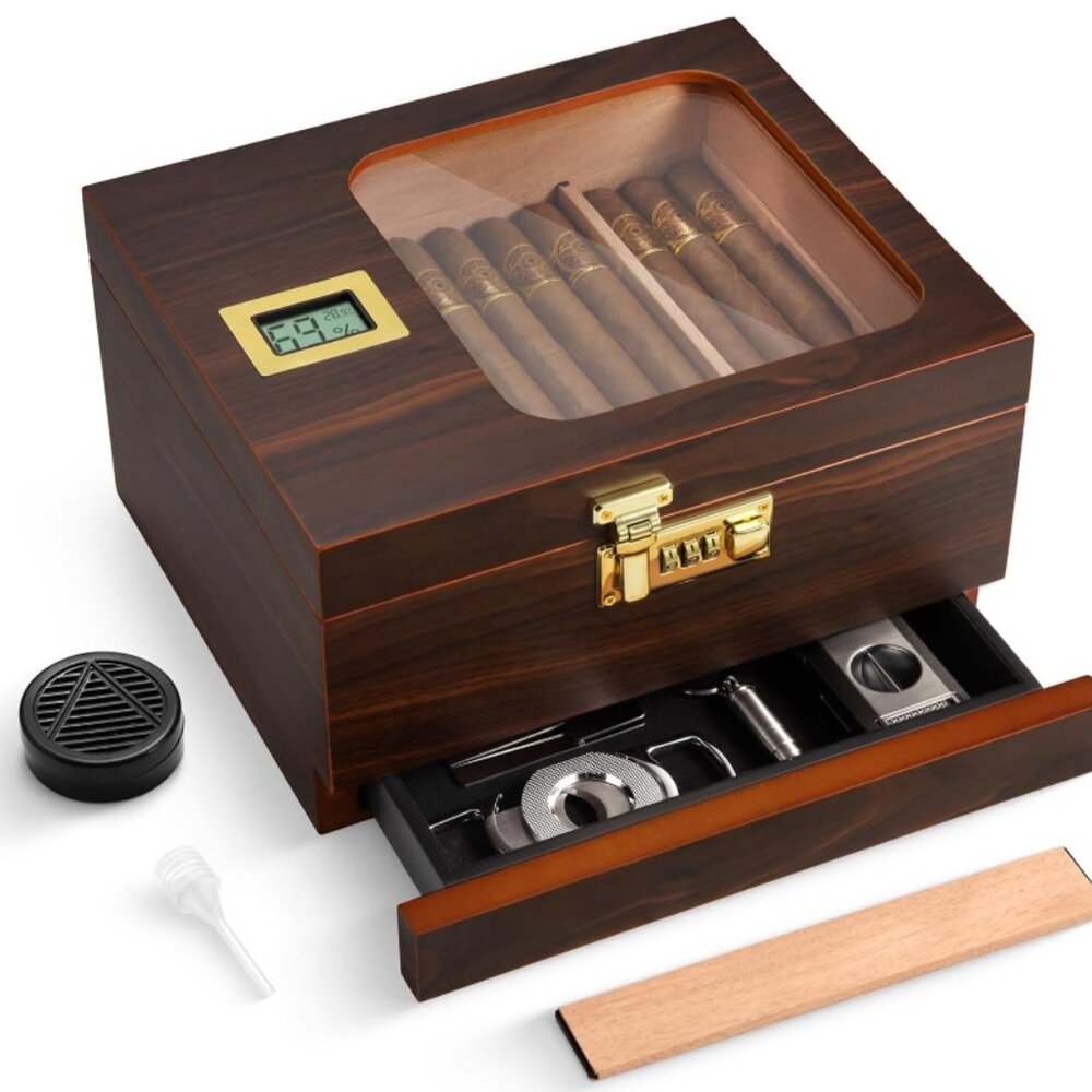Cedar Cigar Humidor with Digital Hygrometer and Combination Lock NEW in Box